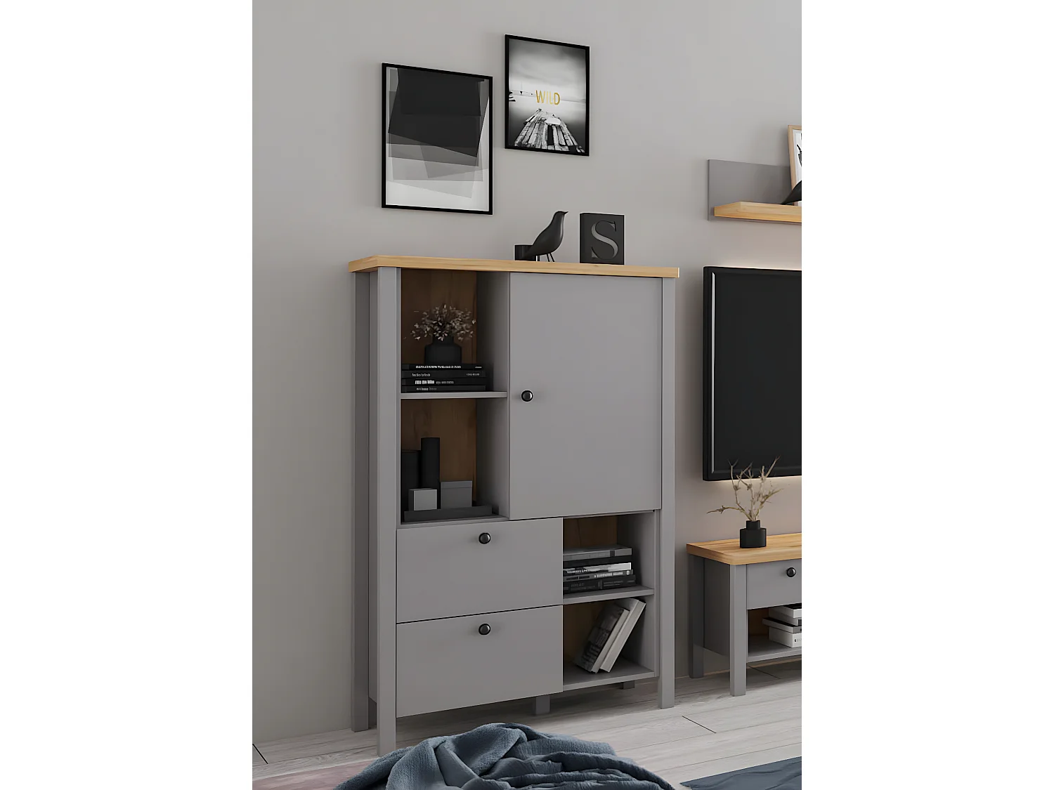 Highboard Melini schiefergrau / Eiche Delano hell 85 / 38 / 139 cm