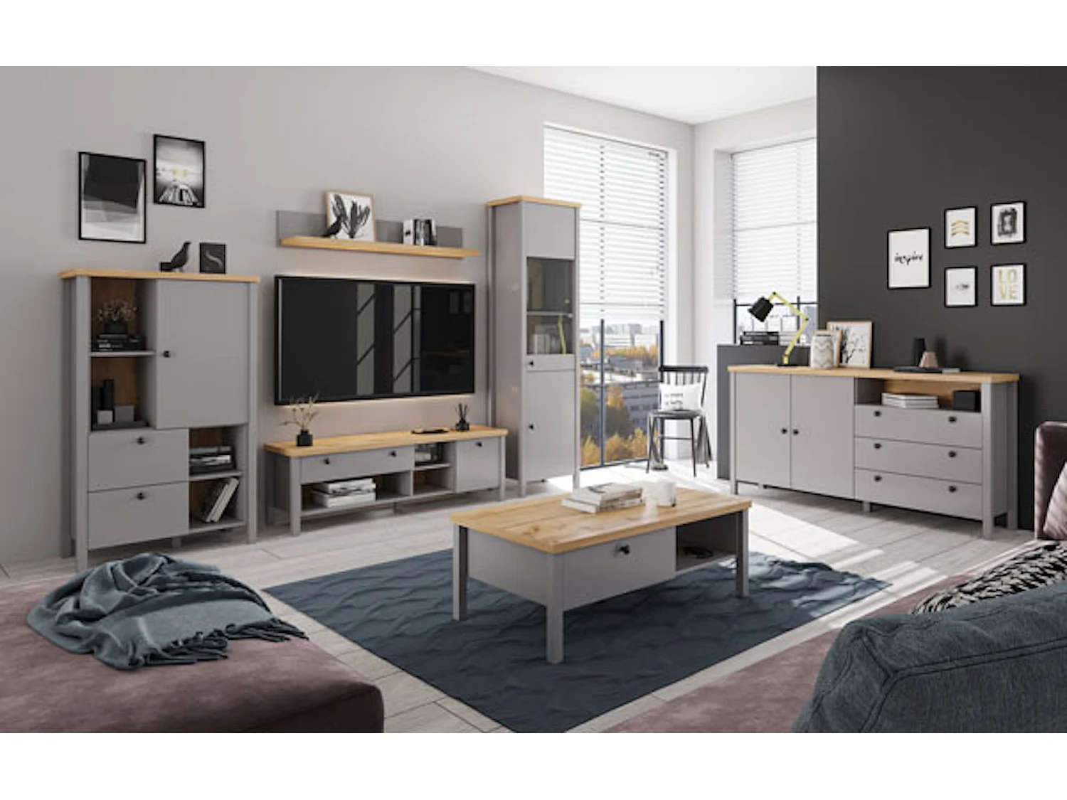 Highboard Melini schiefergrau / Eiche Delano hell 85 / 38 / 139 cm