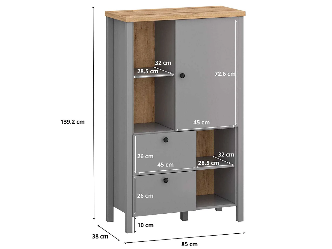 HIGHBOARD Melini schiefergrau / Eiche Delano hell 85 / 38 / 139 cm