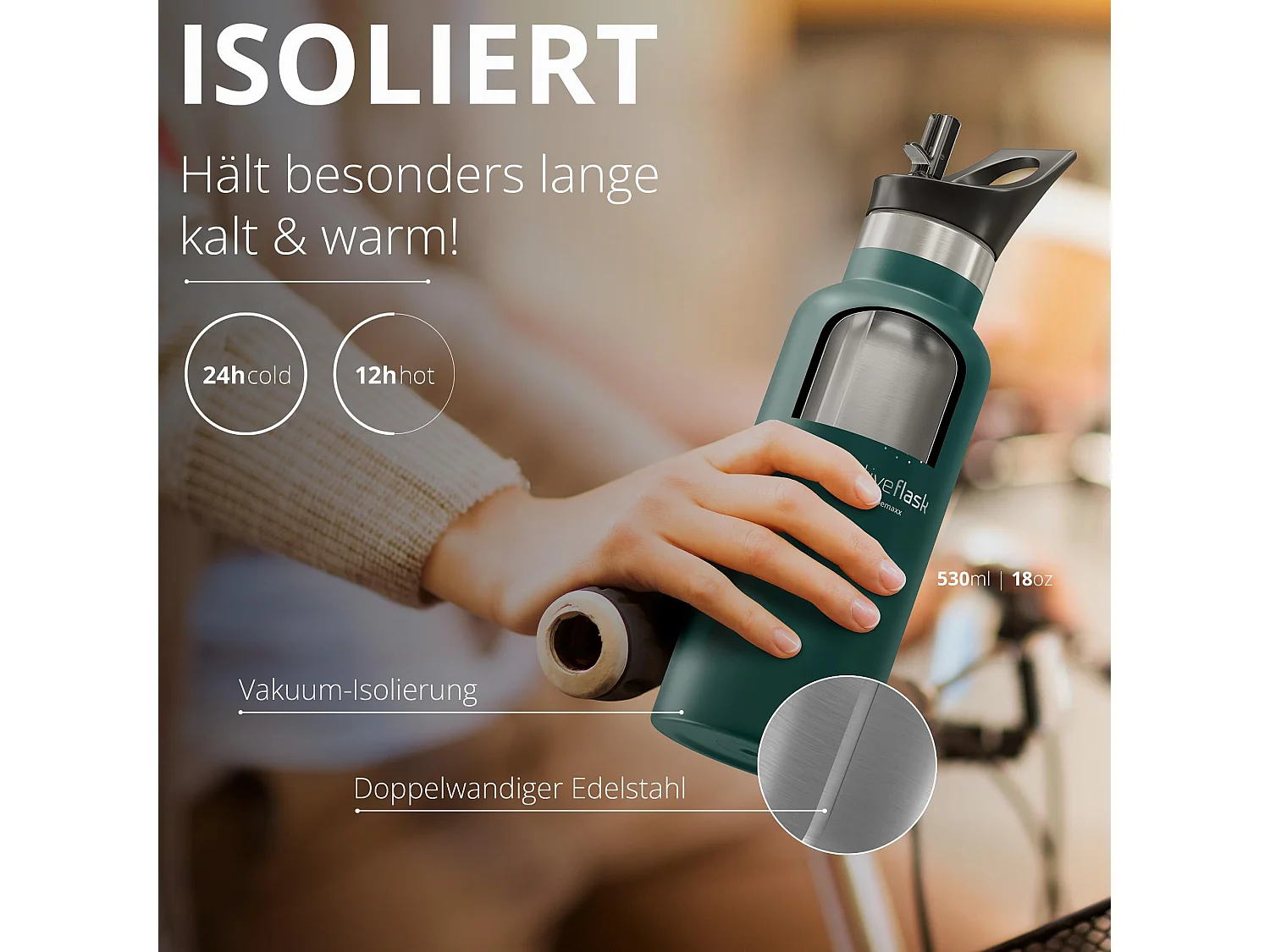 Trinkflasche Edelstahl mit Strohhalm, Infuser + 3