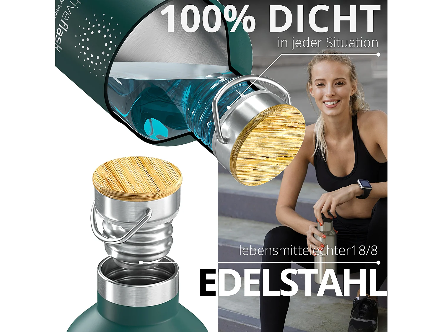 Trinkflasche Edelstahl mit Strohhalm, Infuser + 3