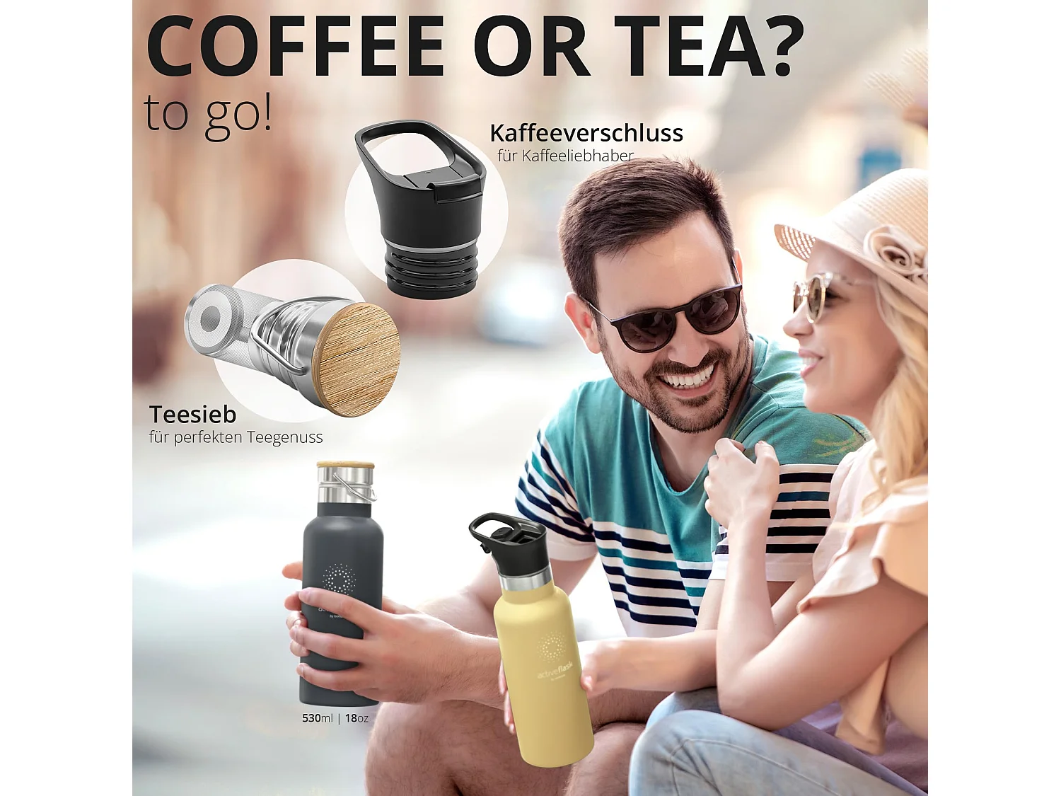 Trinkflasche Edelstahl mit Strohhalm, Infuser + 3