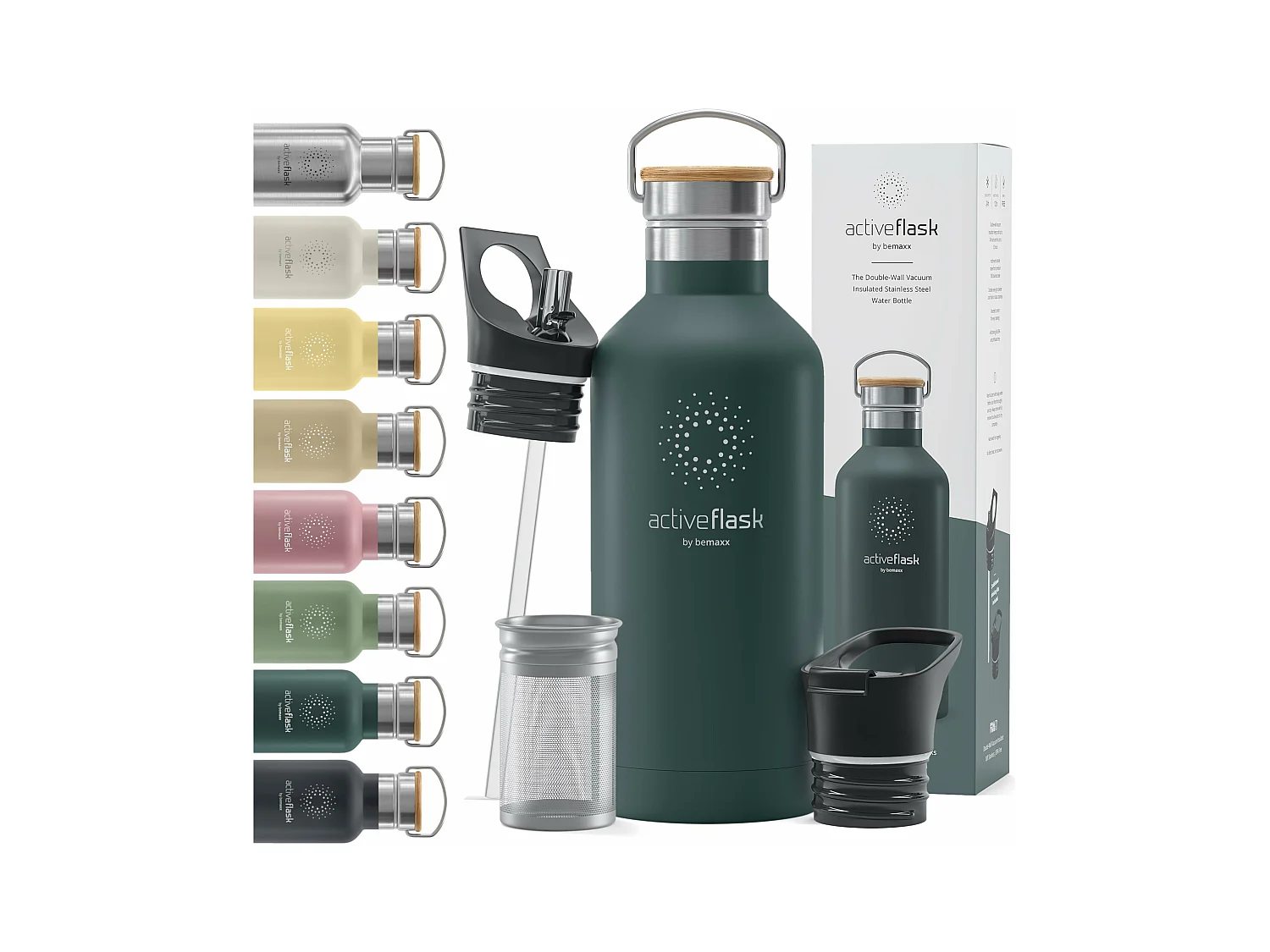 Trinkflasche Edelstahl mit Strohhalm, Infuser + 3