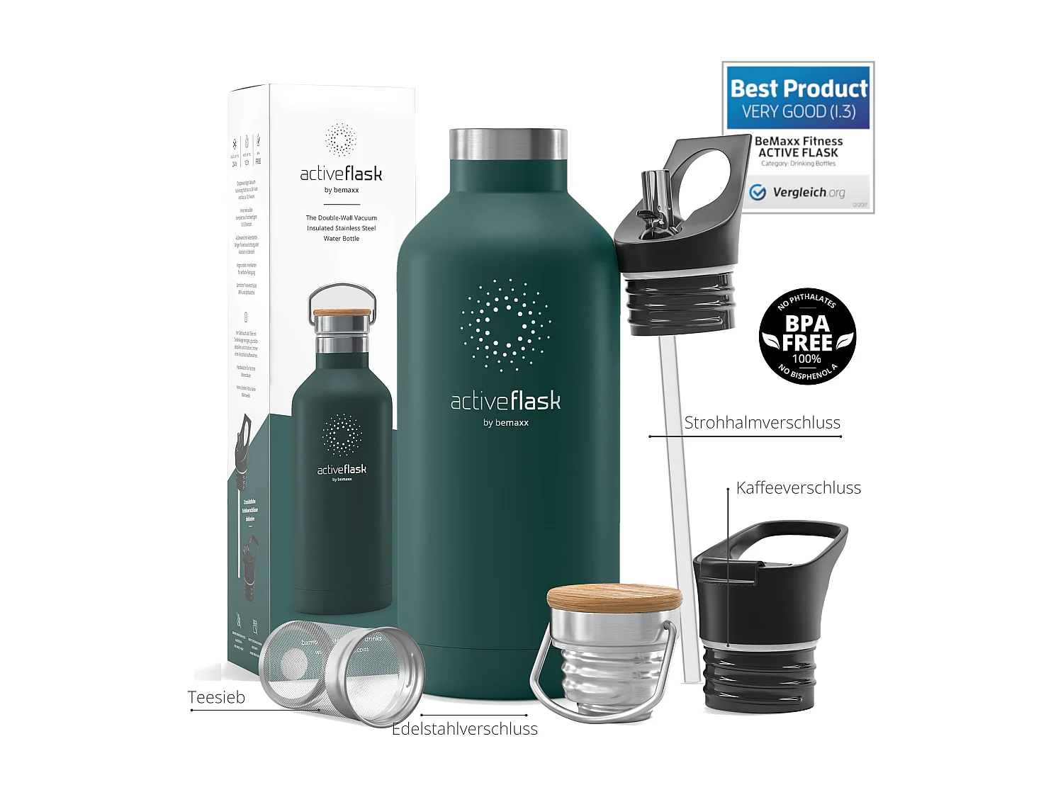 Trinkflasche Edelstahl mit Strohhalm, Infuser + 3