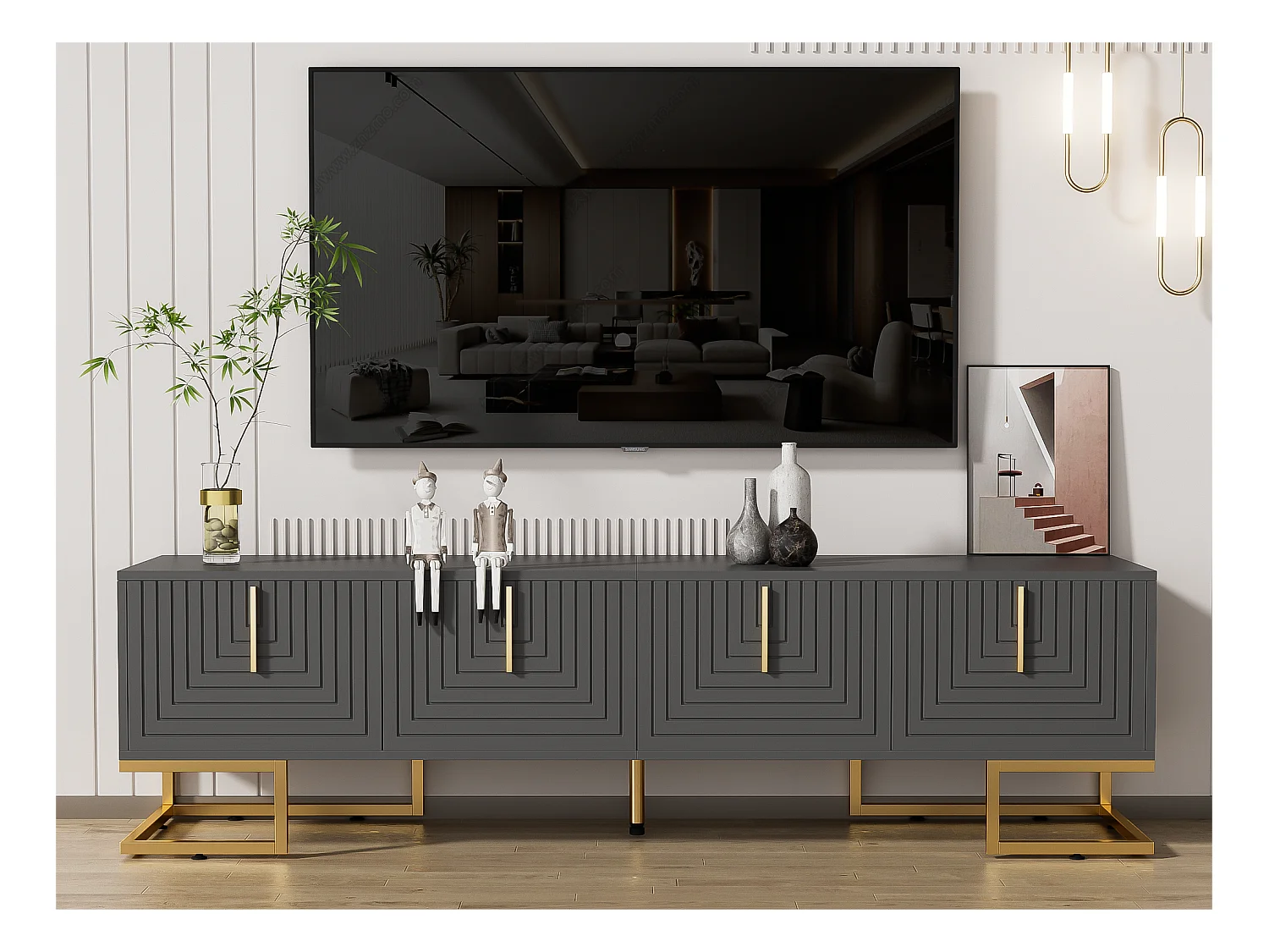 Meuble TV 170 cm - avec étagères réglable - poignées et pieds dorés - Gris