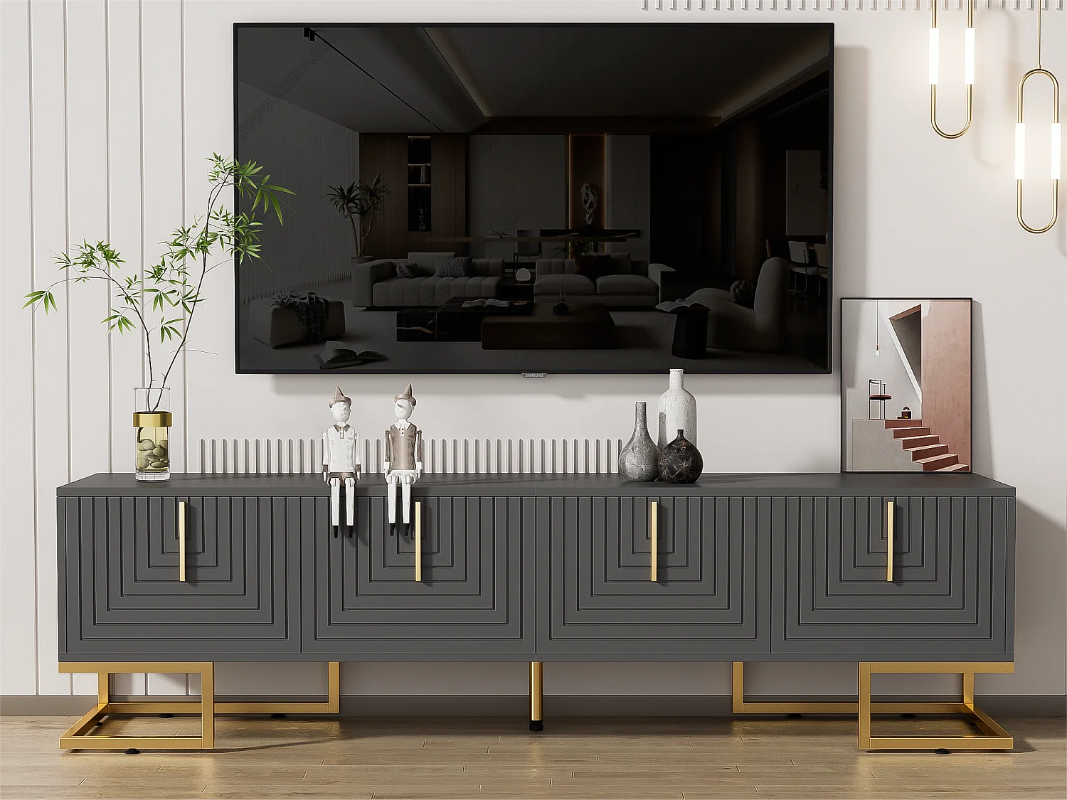 Meuble TV 170 cm - avec étagères réglable - poignées et pieds dorés - Gris