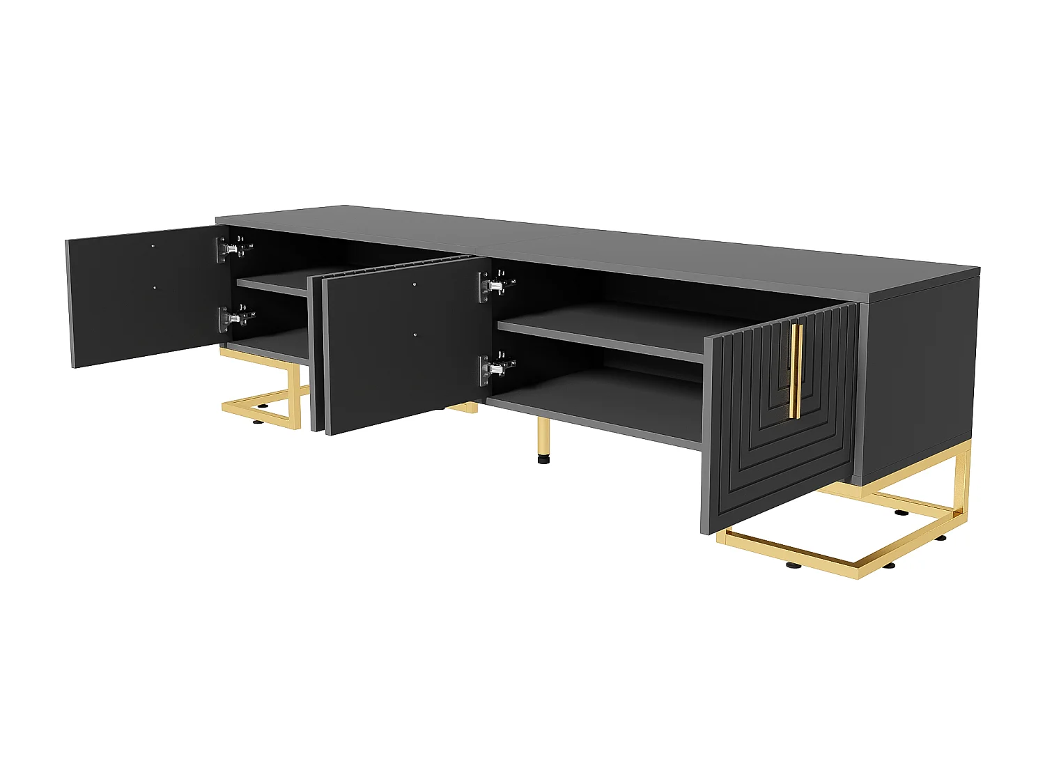 170 cm TV-Schrank – mit verstellbaren Regalen – goldene Griffe und Füße – Grau