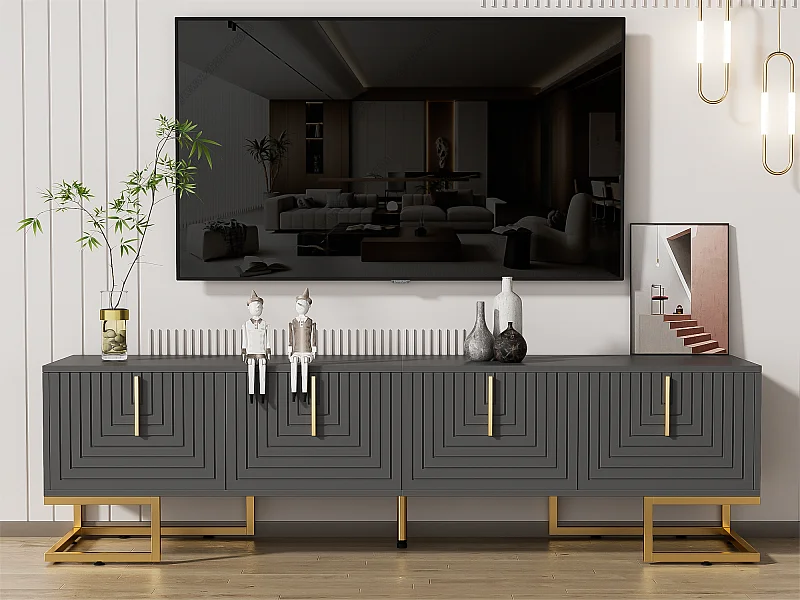 Meuble TV 170 cm - avec étagères réglable - poignées et pieds dorés - Gris