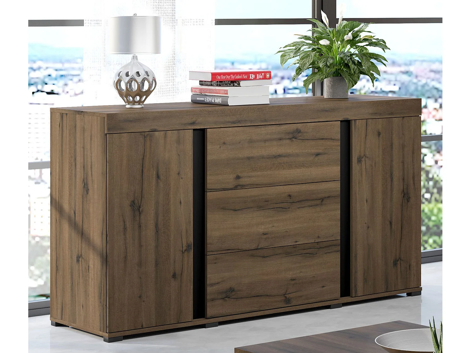 KOMMODE Avignon Edeleiche / Absetzungen schwarz, Rückwand weiß 160,2 / 50 / 91,2cm