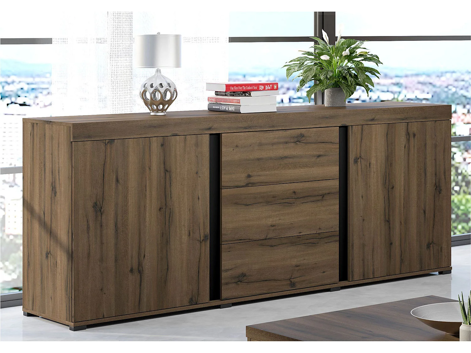 KOMMODE Avignon Edeleiche / Absetzungen schwarz, Rückwand weiß 220,2 / 50 / 91,2cm