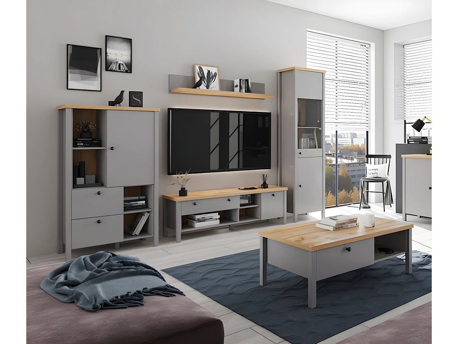 Wohnzimmer-Set Melini schiefergrau / Eiche Delano hell 5-teilig