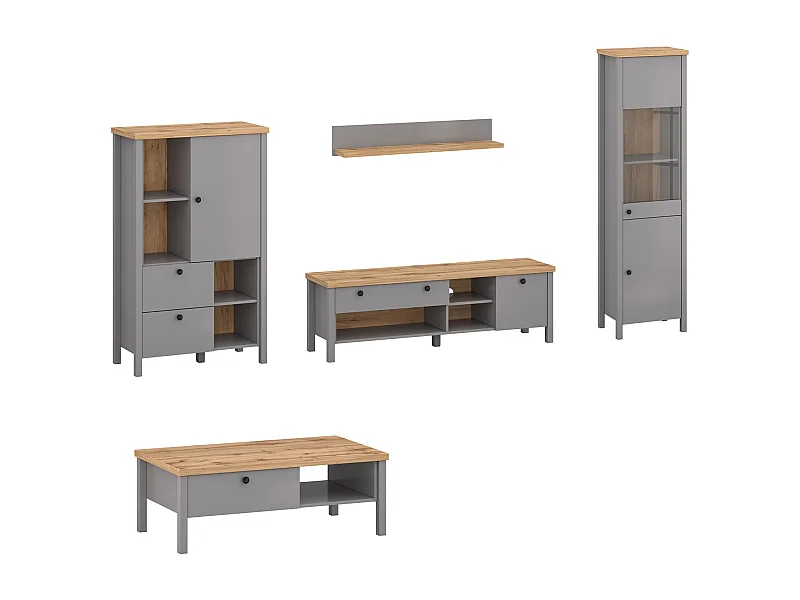 Wohnzimmer-Set Melini schiefergrau / Eiche Delano hell 5-teilig