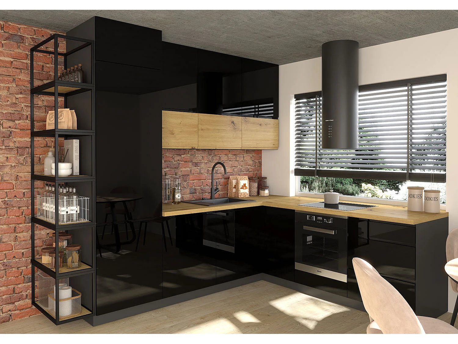 WINKELKÜCHE Florence lava matt / RAL 9005 tiefschwarz Hochglanz (K7); eiche artisan; schwarz matt 19-teilig
