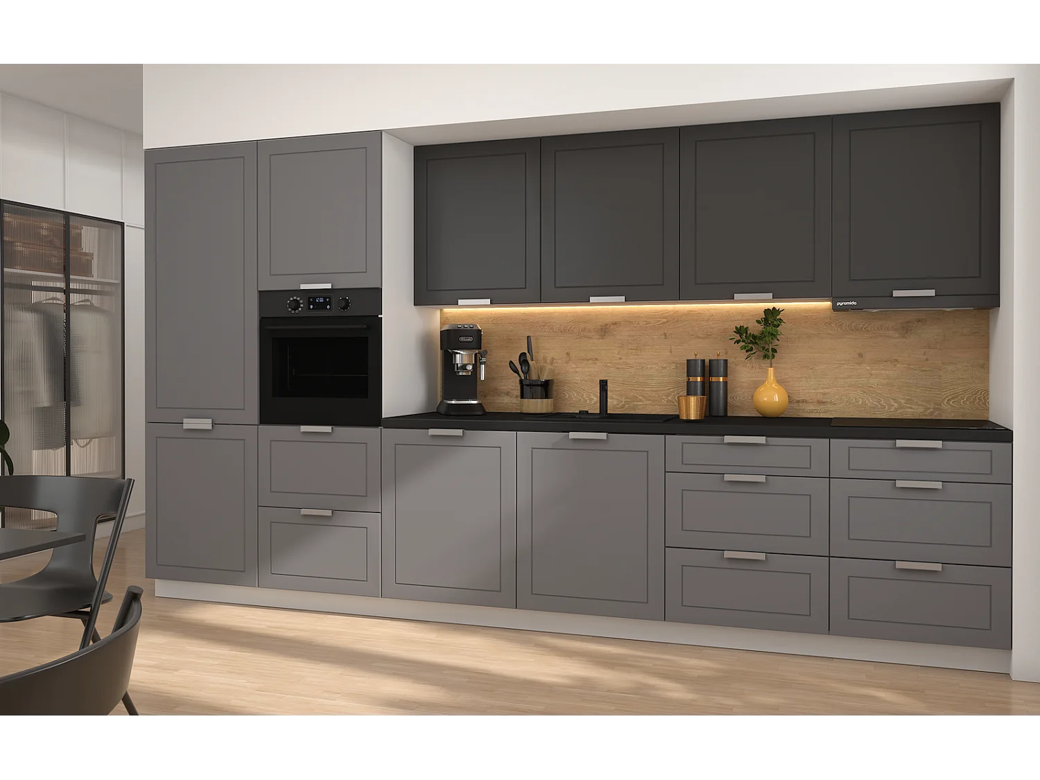 KÜCHENLEERBLOCK Kvantum weiß / dust grey & graphit matt, Arbeitsplatte schwarz 360 / 60 / 207cm 10-teilig