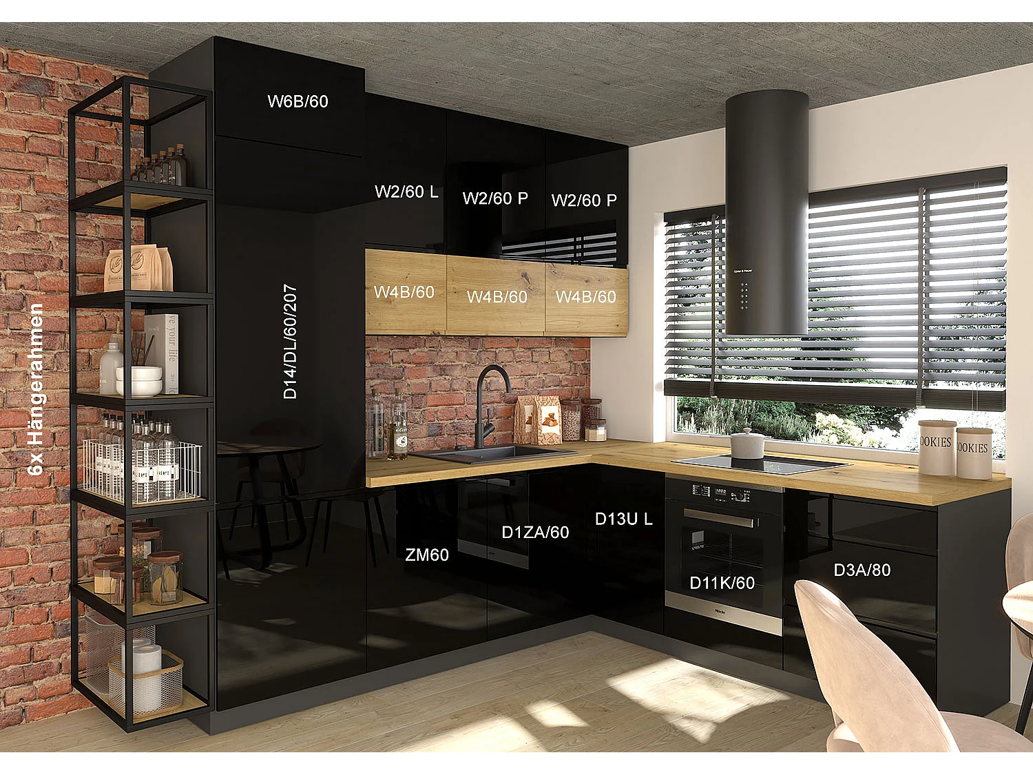 WINKELKÜCHE Florence lava matt / RAL 9005 tiefschwarz Hochglanz (K7); eiche artisan; schwarz matt; Arbeitsplatte eiche artisan 19-teilig