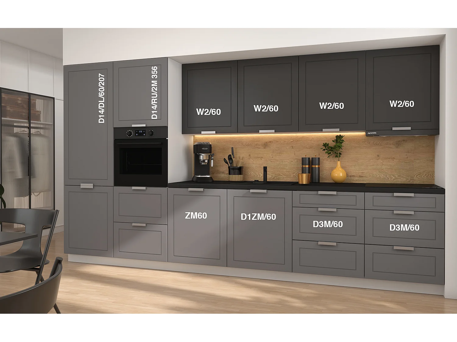 KÜCHENLEERBLOCK Kvantum weiß / dust grey & graphit matt 360 / 59 / 207cm 10-teilig