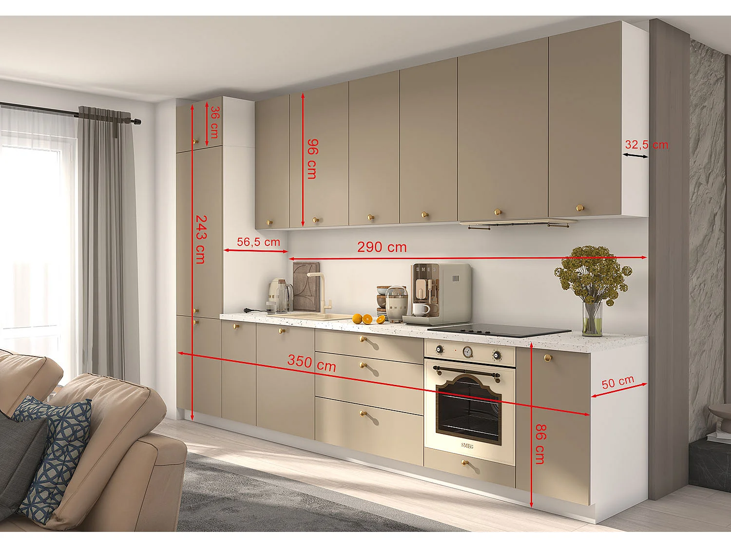 KÜCHENLEERBLOCK Bonn weiß matt / stone grey matt, Arbeitsplatte Andromeda Weiß 350 / 59 / 243cm 9-teilig