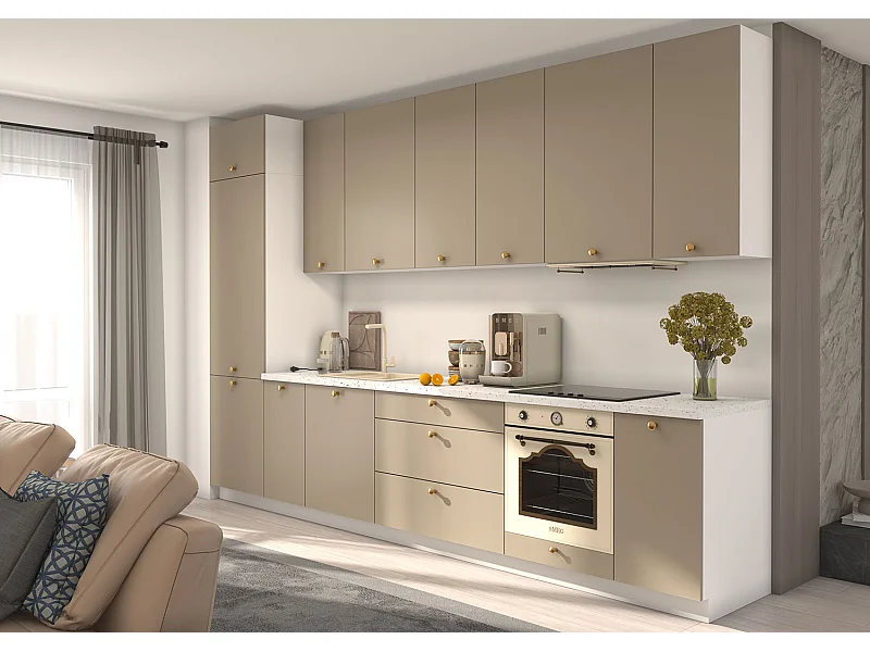 KÜCHENLEERBLOCK Bonn weiß matt / stone grey matt, Arbeitsplatte Andromeda Weiß 350 / 59 / 243cm 9-teilig