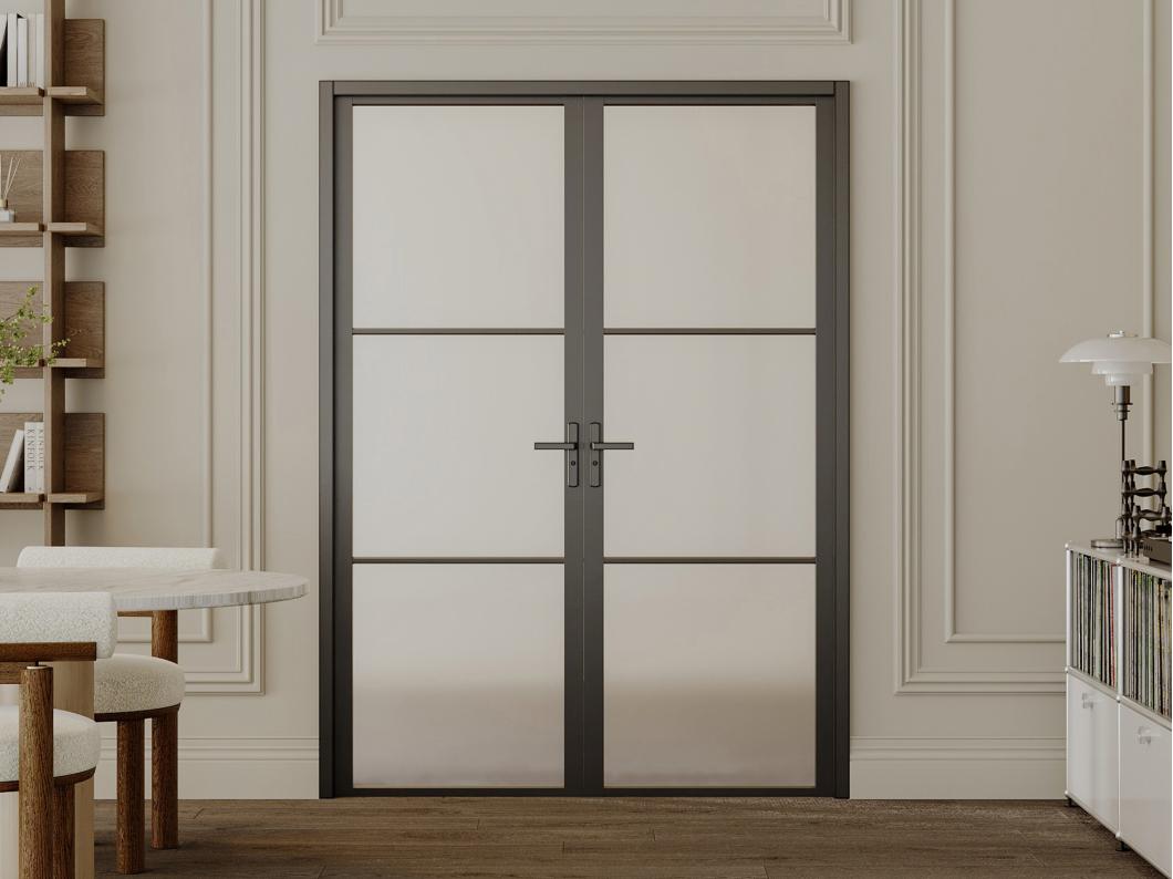 Drzwi kompletne 2-skrzydłowe dwustronne z aluminium i matowego szkła - 2 x wys. 204 x szer. 83 cm - Czarny - MASERU