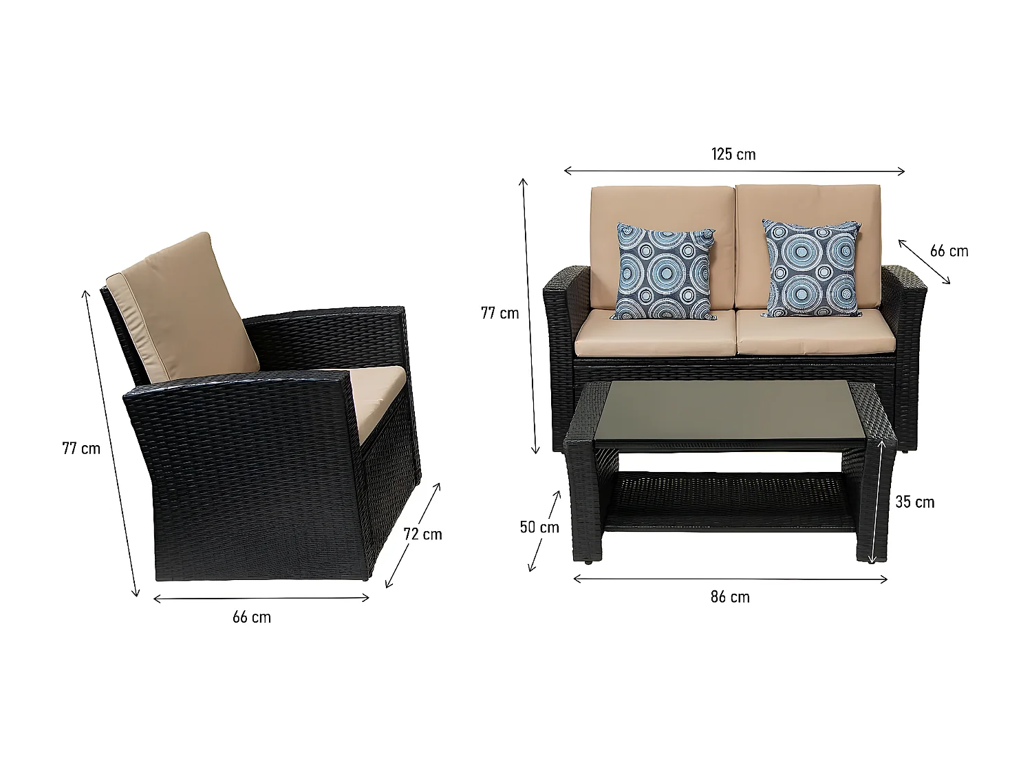 Set di mobili da giardino "Ilana" - 4 pezzi - Vimini - Nero