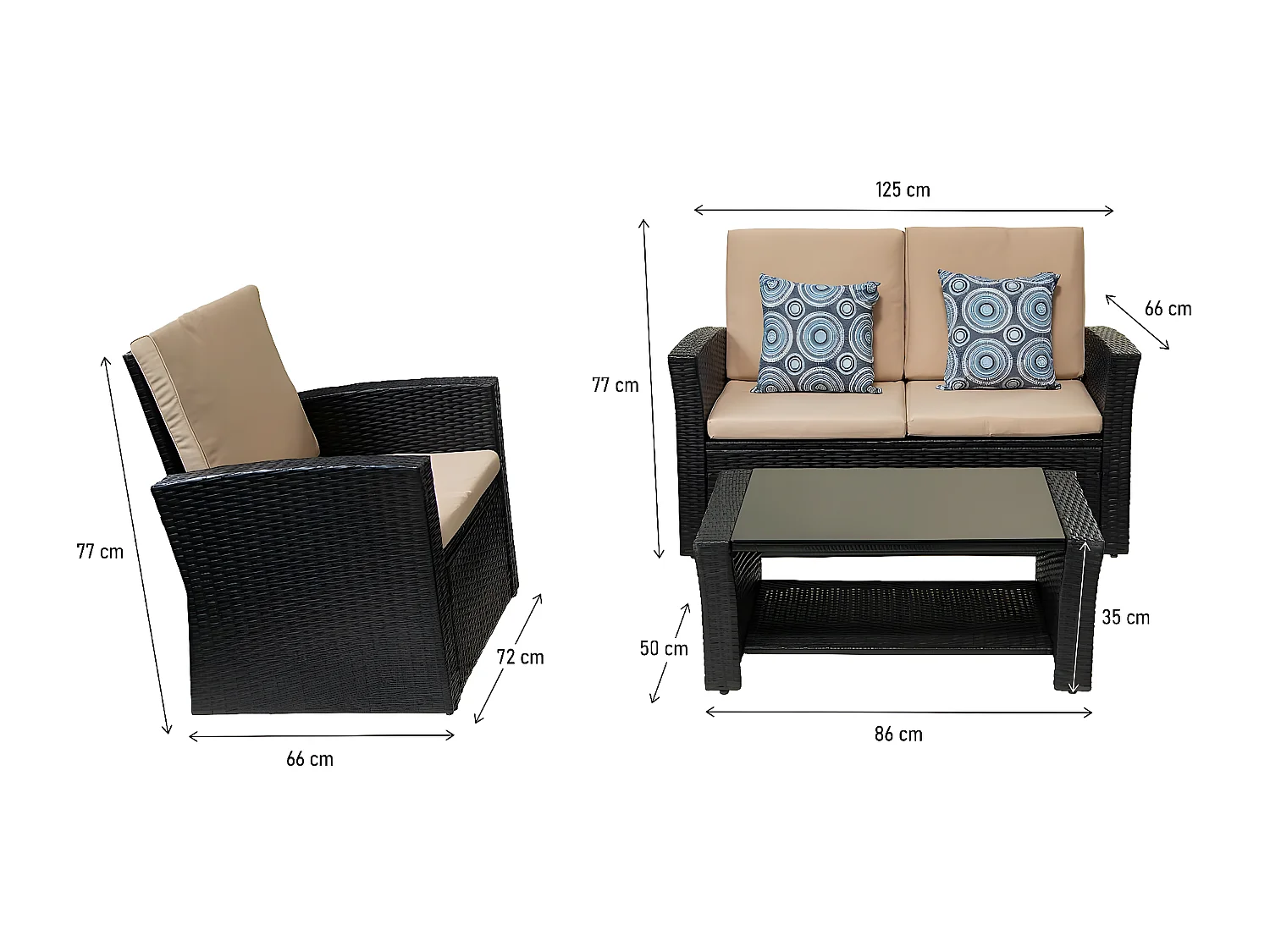 Ensemble de meubles de terrasse "Ilana" - 4 pièces - Osier - Noir