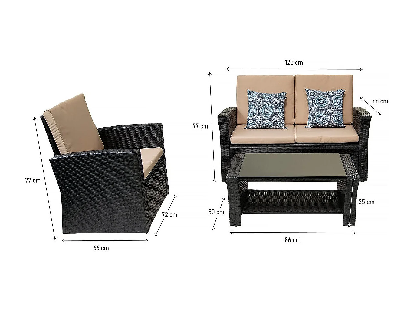 Set di mobili da giardino "Ilana" - 4 pezzi - Vimini - Nero