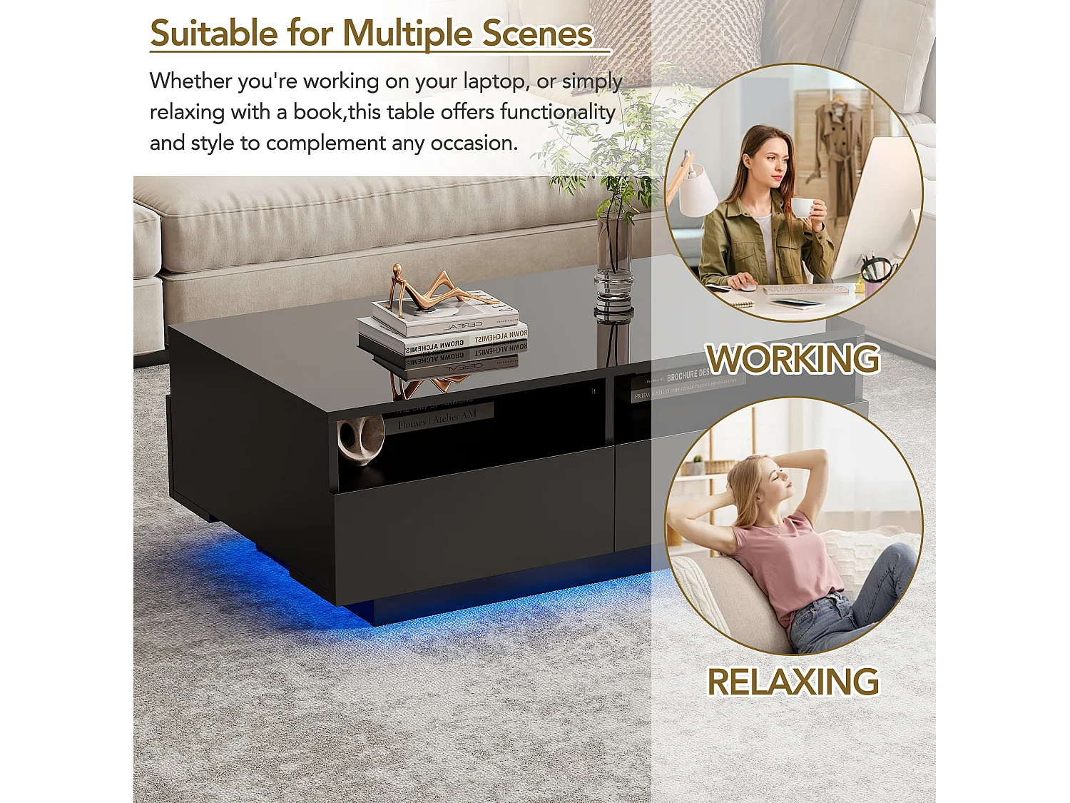 Table basse brillante avec 4 tiroirs et lumières LED - 90x55x35cm - panneaux de particules - Noir