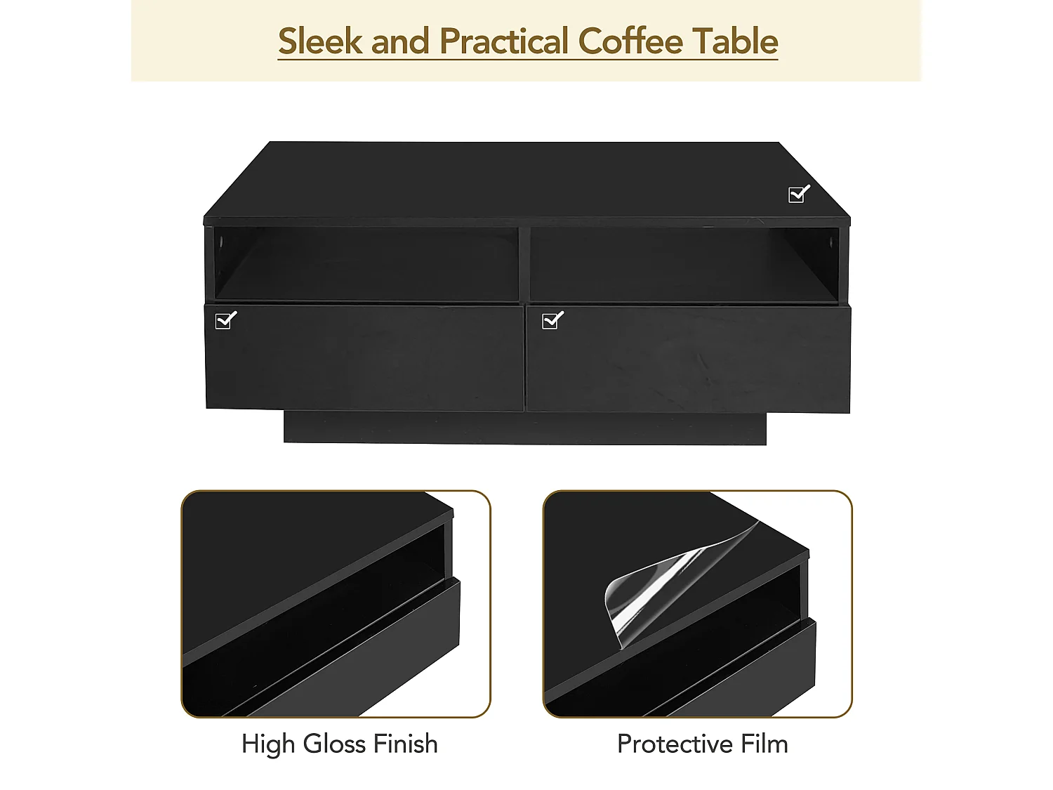 Table basse brillante avec 4 tiroirs et lumières LED - 90x55x35cm - panneaux de particules - Noir