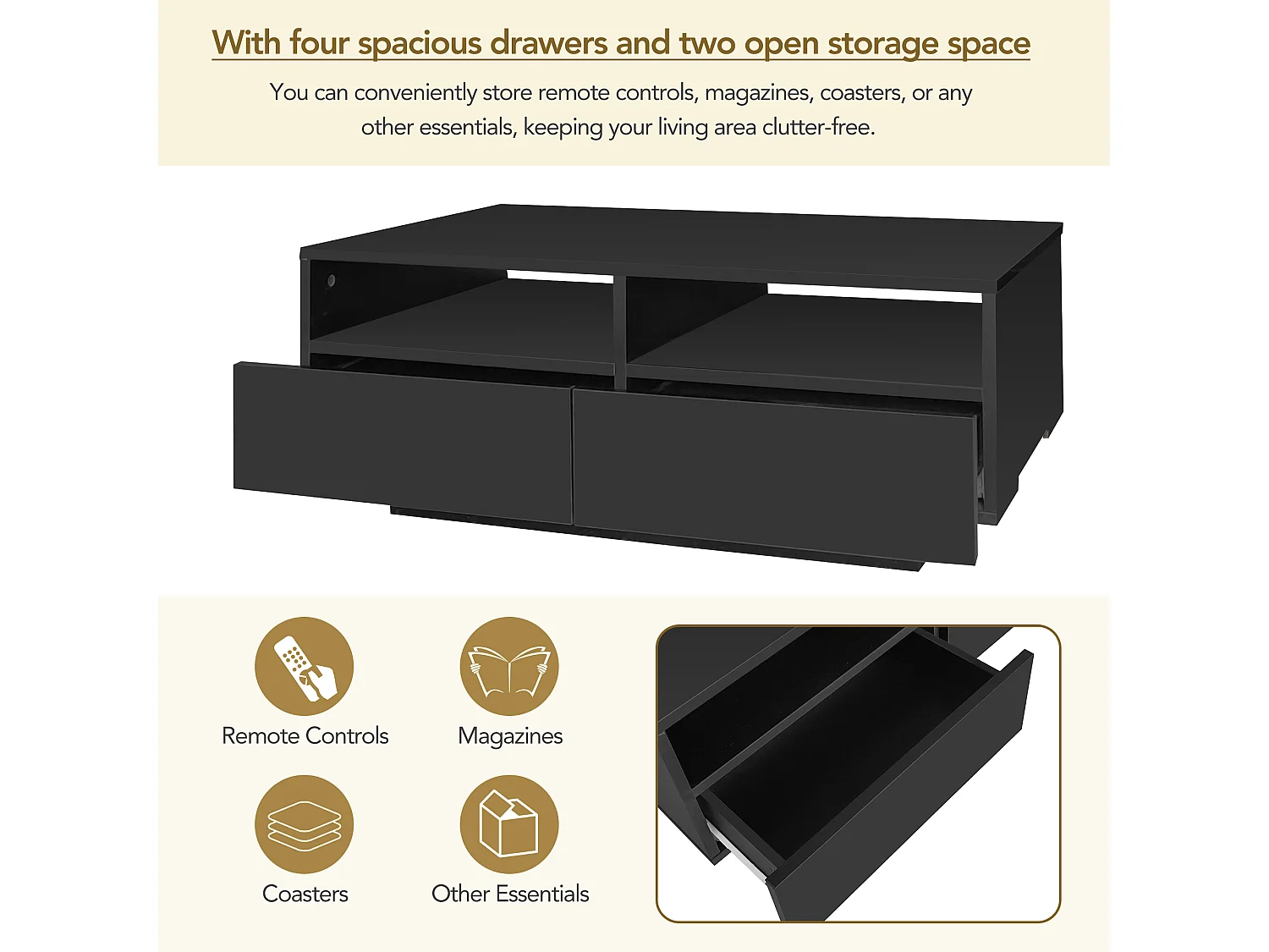 Table basse brillante avec 4 tiroirs et lumières LED - 90x55x35cm - panneaux de particules - Noir