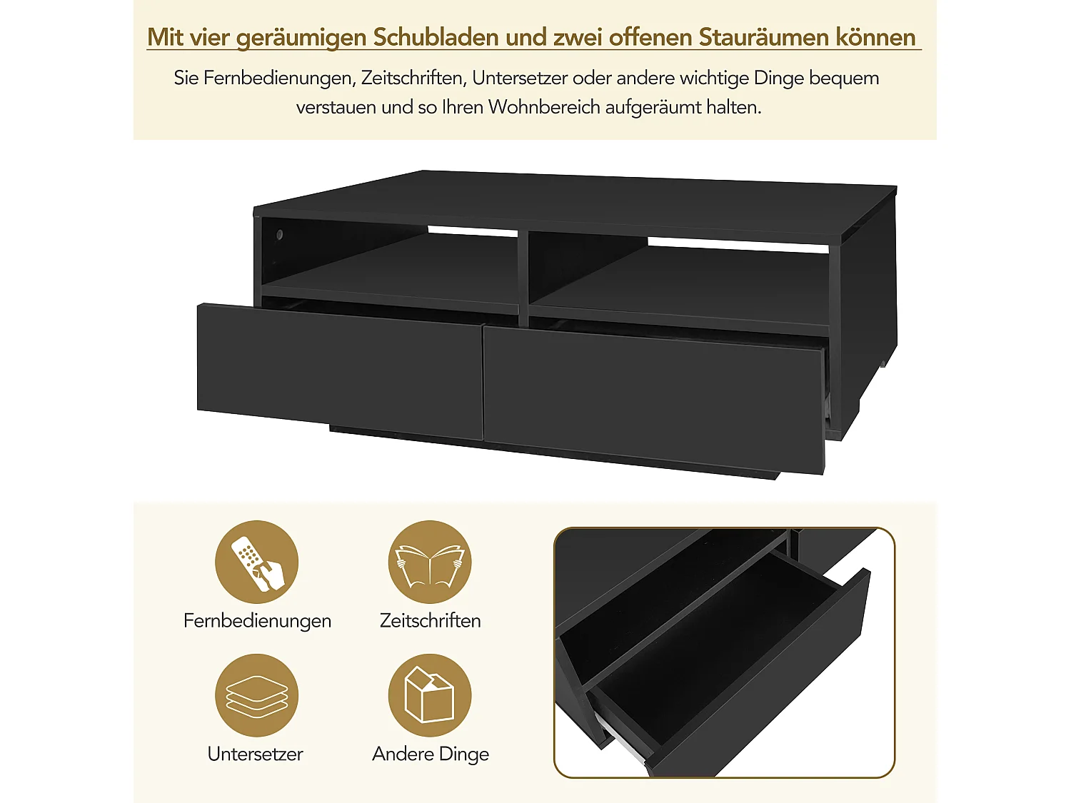 Table basse brillante avec 4 tiroirs et lumières LED - 90x55x35cm - panneaux de particules - Noir