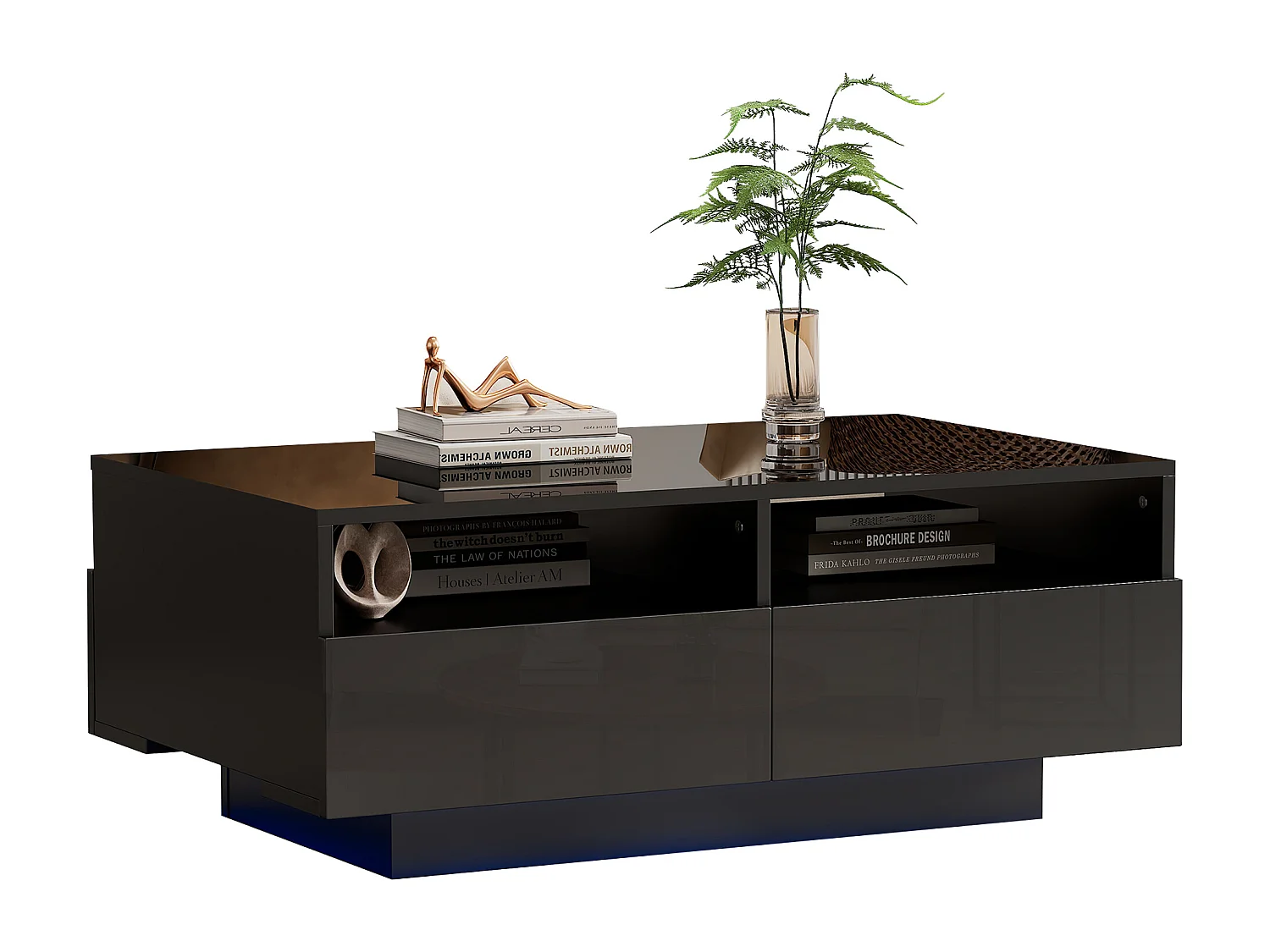 Table basse brillante avec 4 tiroirs et lumières LED - 90x55x35cm - panneaux de particules - Noir