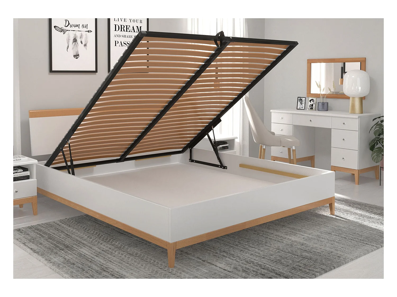 Holzbett Livia bc mit lattenrost und bettkasten, weiß/naturfarben, 180x200