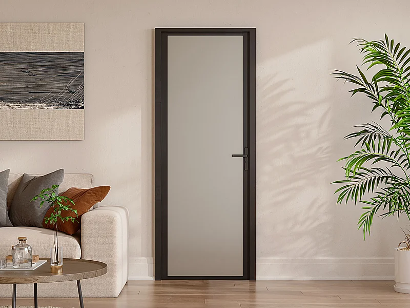 Omkeerbare deur van aluminium en mat gehard glas - H204 x B73 cm - Zwart - LOXTON