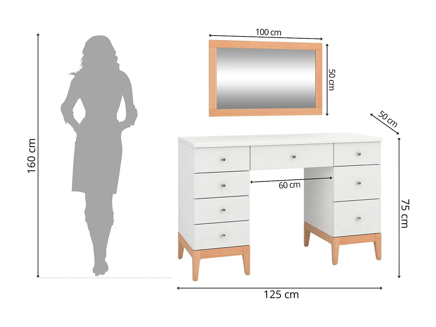 Drewniana toaletka Livia z lustrem wiszącym