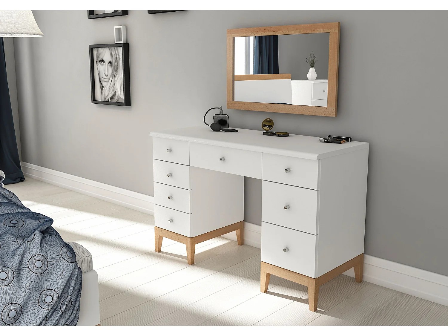 Drewniana toaletka Livia z lustrem wiszącym