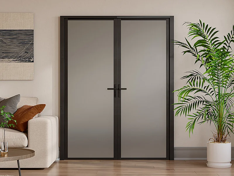 Omkeerbare dubbele deur van aluminium en mat gehard glas - 2 x H204 x B73 cm - Zwart - LOXTON