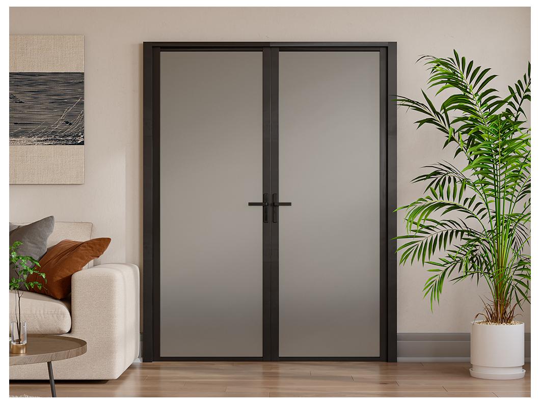Bloc porte réversible à deux battants en aluminium et verre trempé dépoli - 2 x H204 x L83 cm - Noir - LOXTON