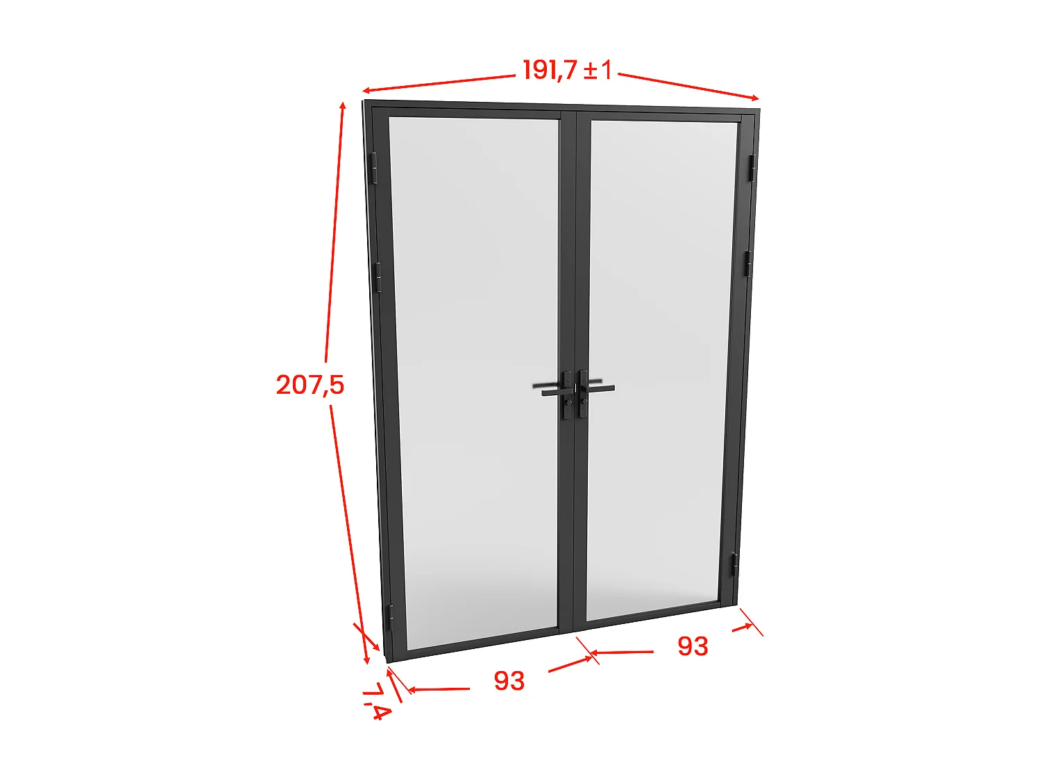 Drzwi kompletne 2-skrzydłowe dwustronne z aluminium i matowego szkła hartowanego - 2 x wys. 204 x szer. 93 cm - Czarny - LOXTON