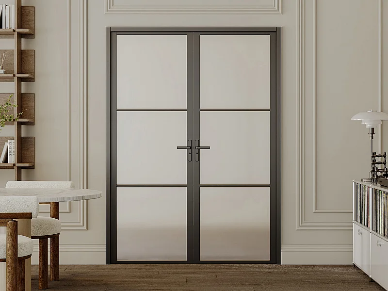 Bloc porte réversible à deux battants en aluminium et verre dépoli - 2 x H204 x L73 cm - Noir - MASERU