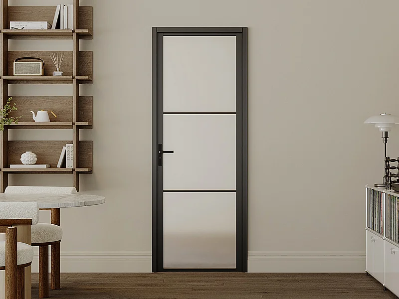 Bloc porte réversible en aluminium et verre trempé dépoli - H204 x L83 cm - Noir - MASERU