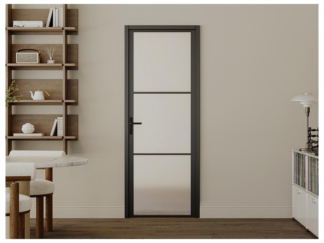 Drzwi kompletne dwustronne z aluminium i matowego szkła hartowanego - wys. 204 x szer. 93 cm - Czarny - MASERU