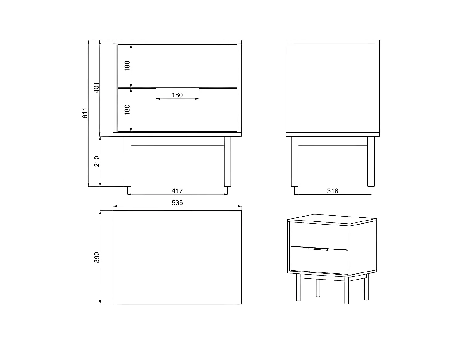 Table de chevet avec 2 tiroirs - 54 cm - blanc- VIVIARO