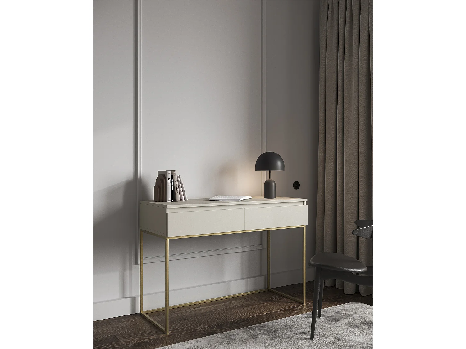 Schminktisch Schreibtisch - Graubeige mit goldenem Metallgestell - 120 cm - BEMMI