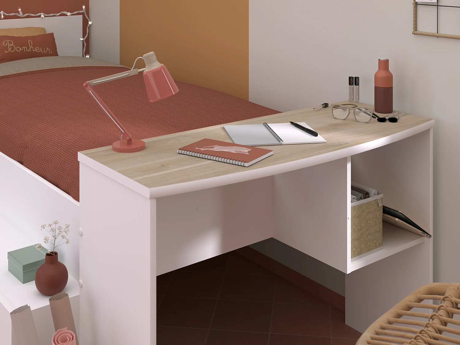 Lit combiné 90 x 190/200 cm avec bureau et rangements - Blanc et naturel + Sommier - JOCHIANE