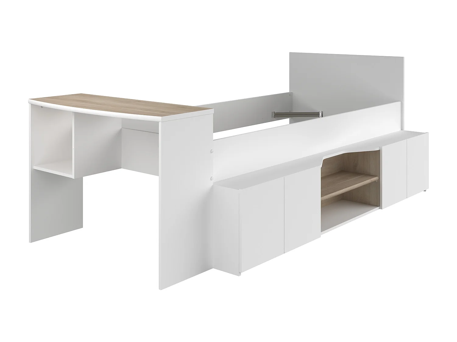 Lit combiné 90 x 190/200 cm avec bureau et rangements - Blanc et naturel + Sommier - JOCHIANE