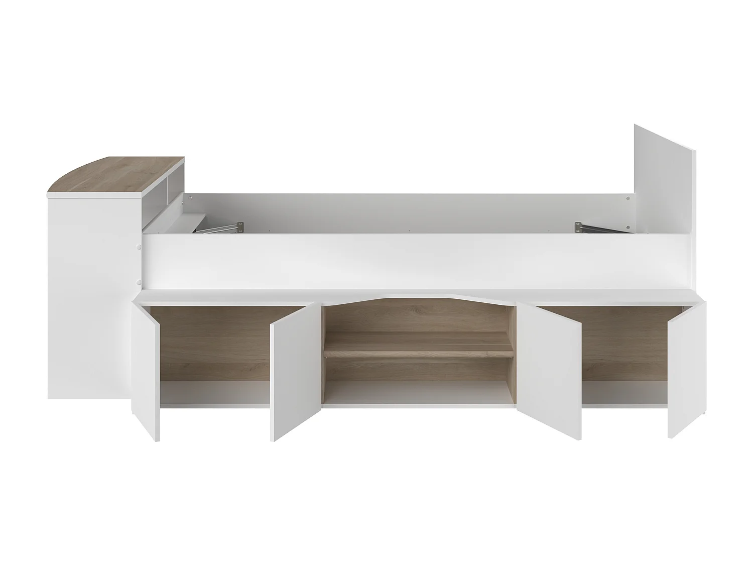 Lit combiné 90 x 190/200 cm avec bureau et rangements - Blanc et naturel + Sommier - JOCHIANE