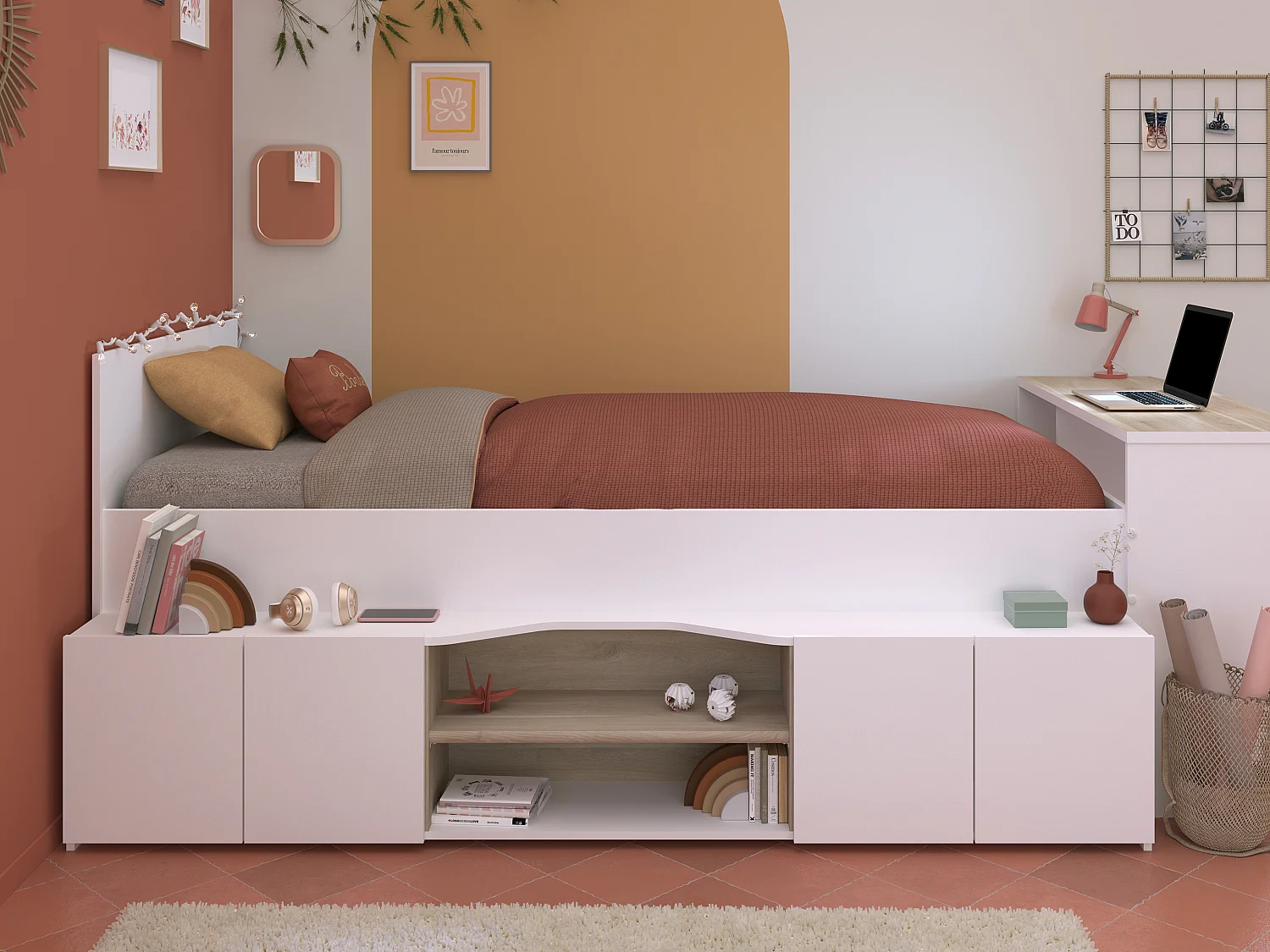 Lit combiné 90 x 190/200 cm avec bureau et rangements - Blanc et naturel + Sommier - JOCHIANE