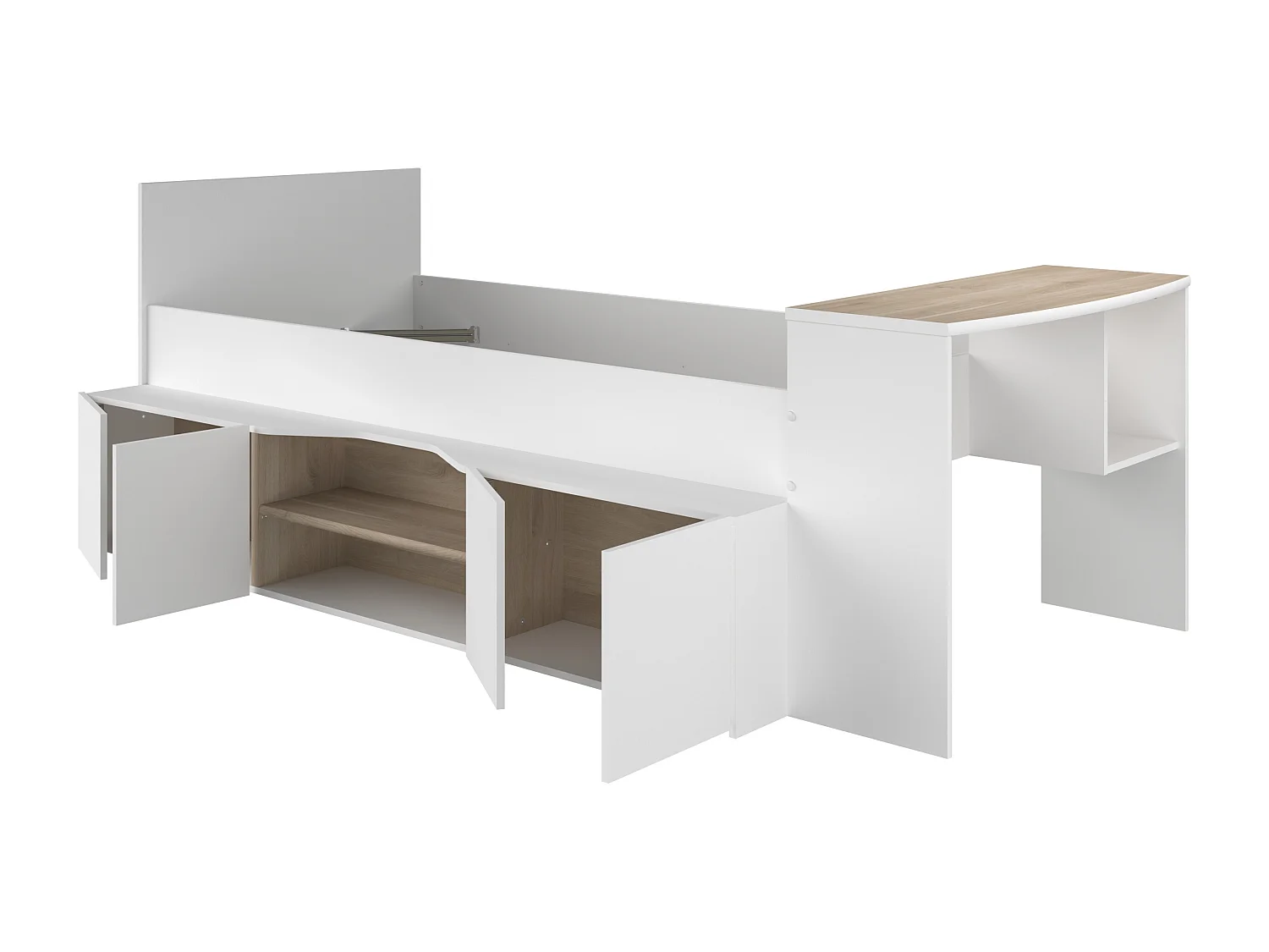 Lit combiné 90 x 190/200 cm avec bureau et rangements - Blanc et naturel + Sommier - JOCHIANE