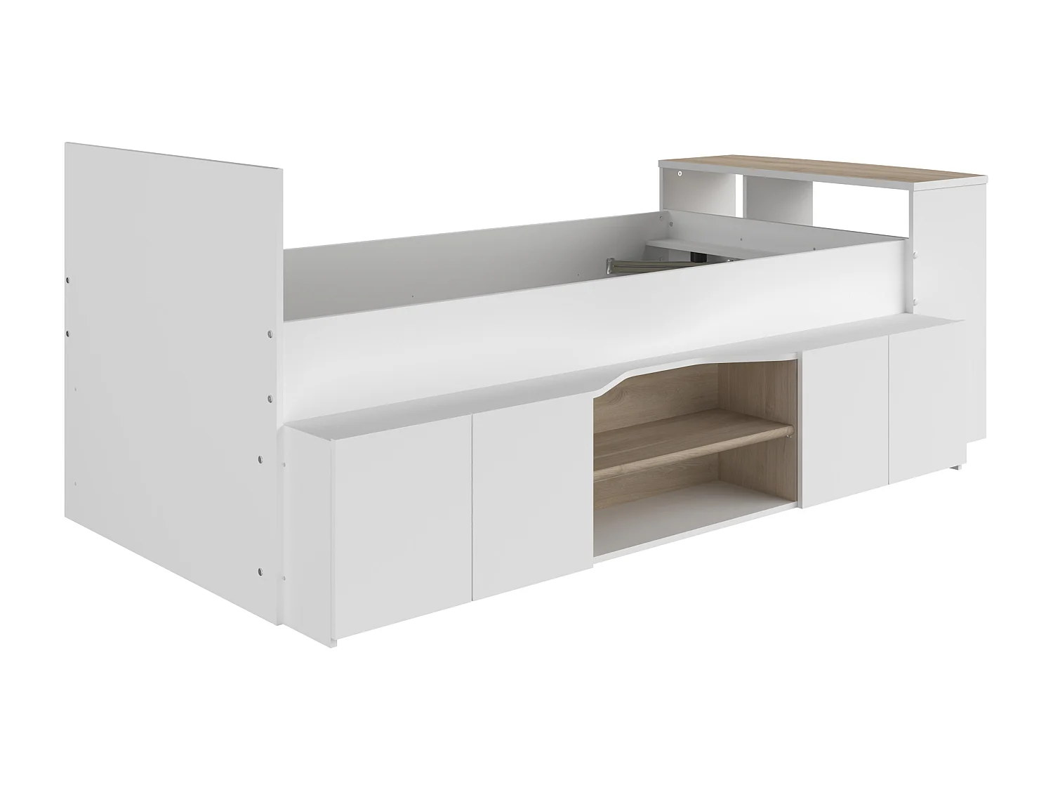 Lit combiné 90 x 190/200 cm avec bureau et rangements - Blanc et naturel + Sommier - JOCHIANE