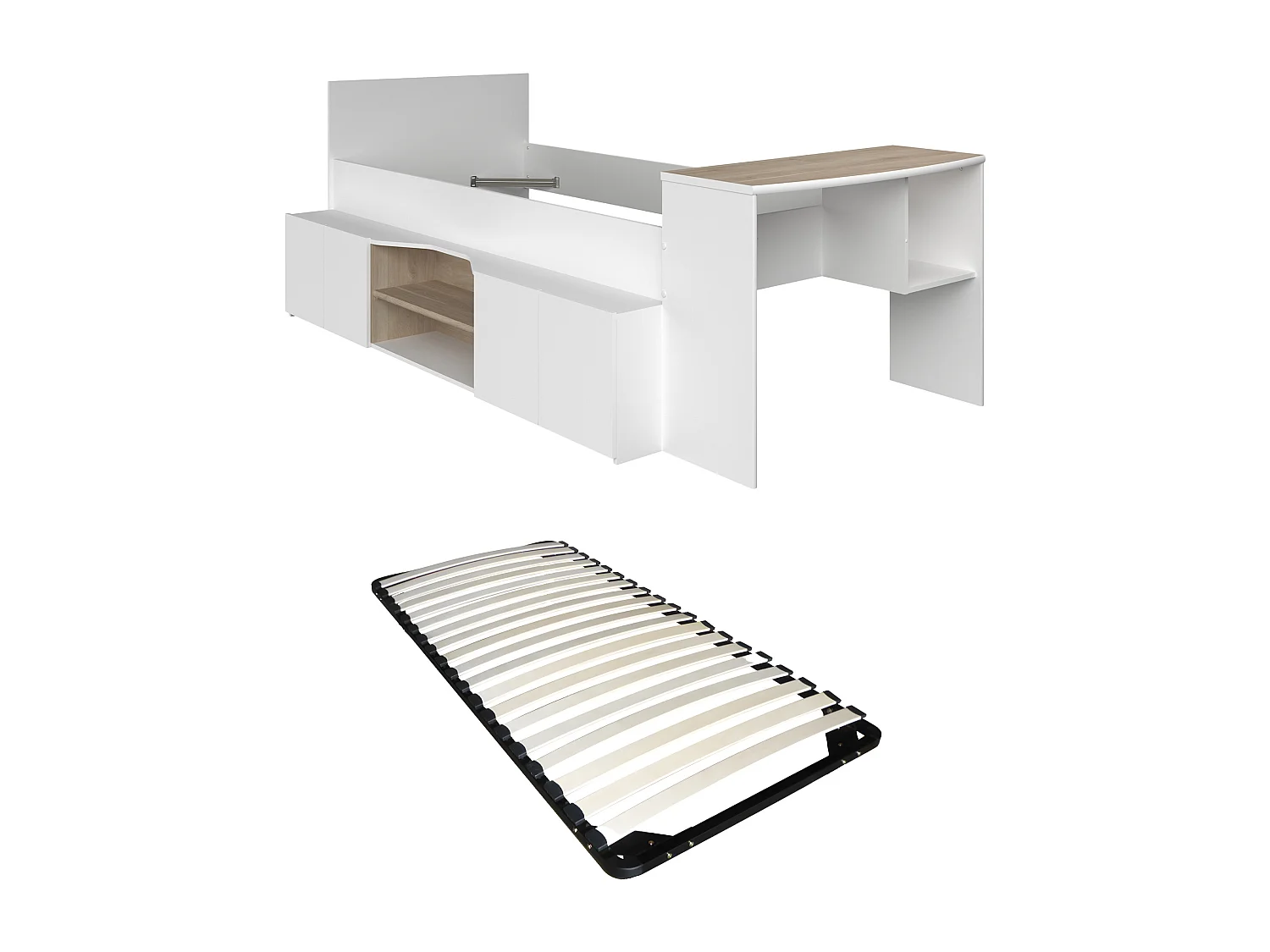 Lit combiné 90 x 190/200 cm avec bureau et rangements - Blanc et naturel + Sommier - JOCHIANE